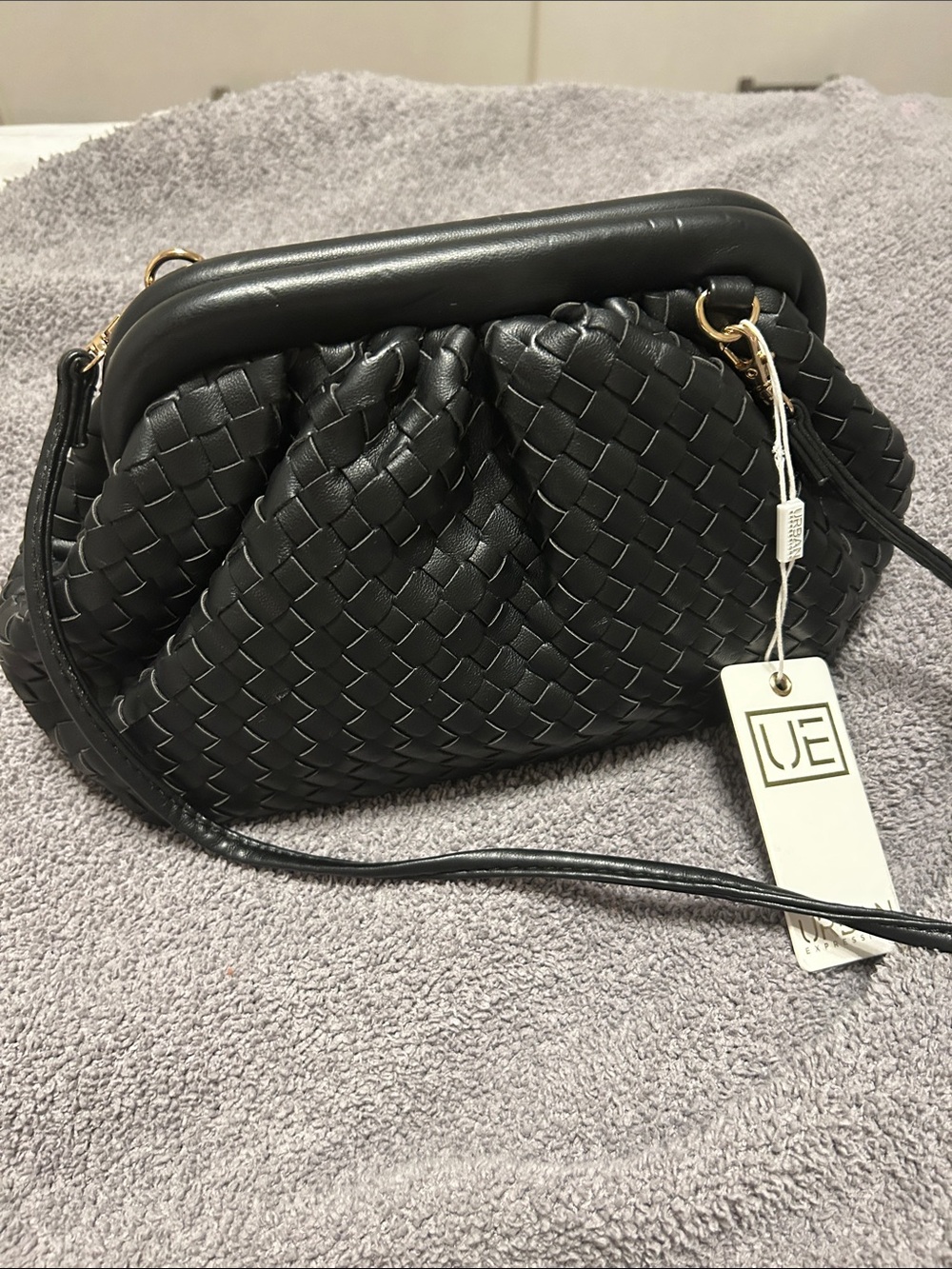 UE Black Woven Crossbody Bag with Gold Hardware